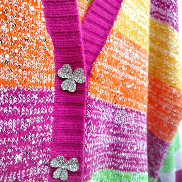 Olivia Rubin Mika Cardigan Sweater in Multicolor Stripe Silver Sequin Size Large - Picture 7 of 14